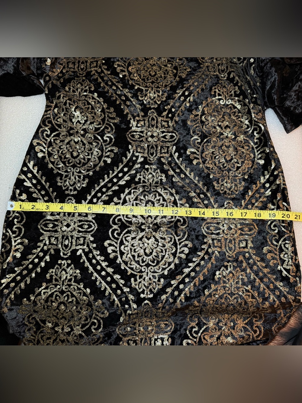 VENUS Gold Sequin Black Velvet Midi Dress Sheer Ruffle Sleeve Side Slit - L - Picture 13 of 15